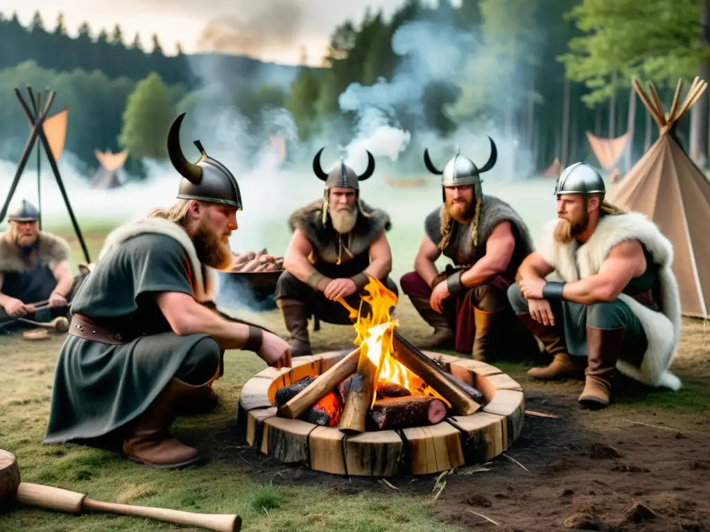 Un grupo de guerreros vikingos preparando y ahumando carne en el bosque