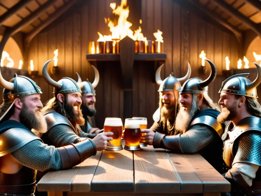 Un grupo de guerreros vikingos celebrando con cerveza en un salón adornado con detalles nórdicos