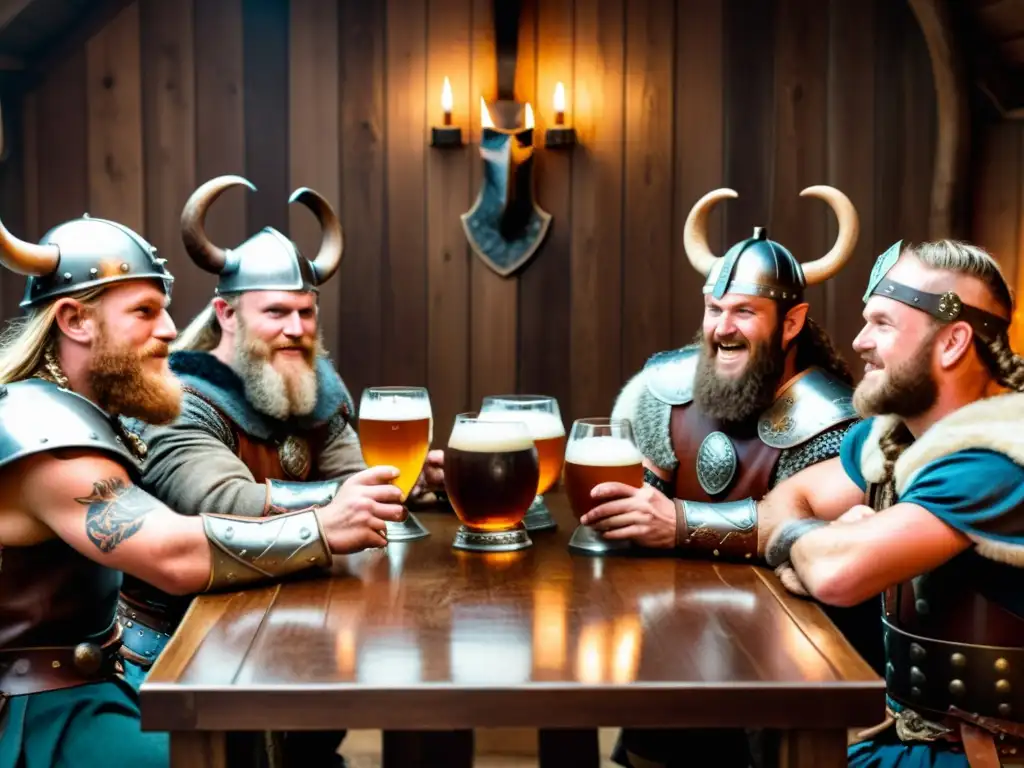 Un grupo de guerreros vikingos brindando con cerveza en la cultura vikinga, en una atmósfera festiva y llena de camaradería