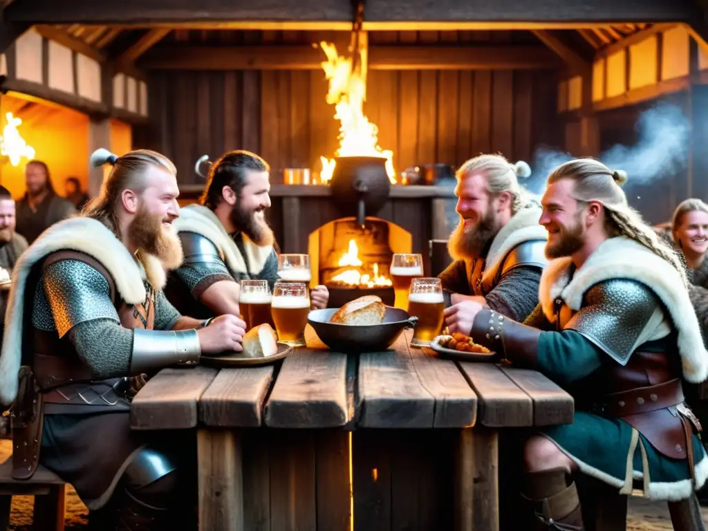 Grupo de guerreros vikingos celebrando con cerveza en la cultura vikinga