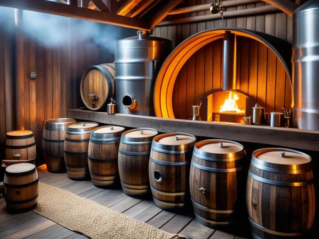 Un grupo de guerreros vikingos elaborando cerveza en barriles de madera en una cervecería rústica iluminada por antorchas