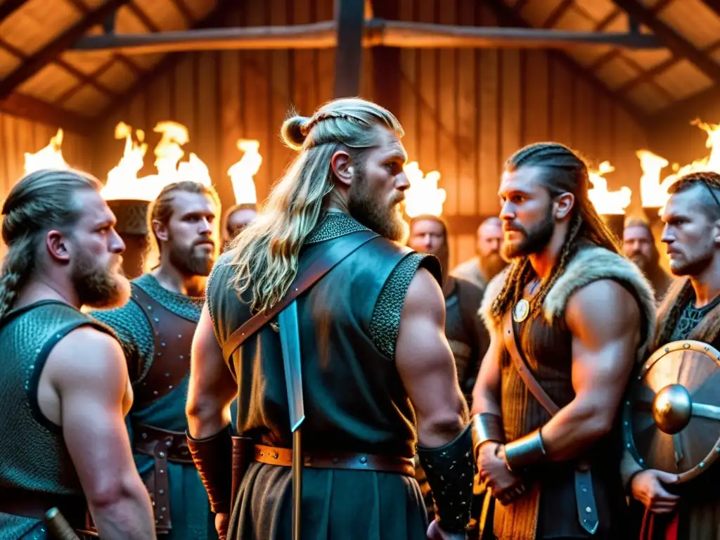 Grupo de guerreros vikingos en conflicto interno por la cristianización, debatiendo en una oscura casa larga