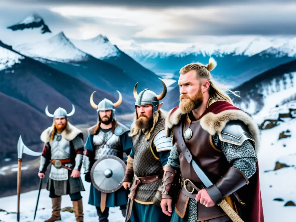 Un grupo de guerreros vikingos conquistadores se alzan en una montaña nevada, admirando la Ruta de la Seda Vikinga