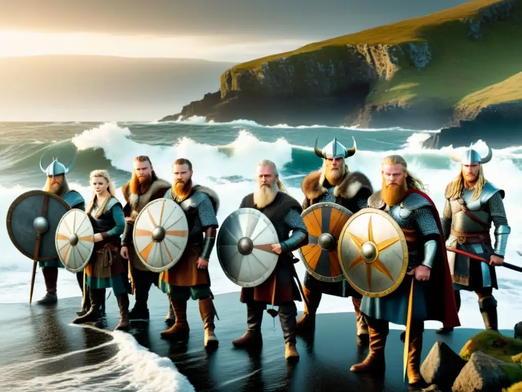 Grupo de guerreros vikingos en la costa, con expresiones fieras y armas brillantes, reflejando la evolución del estatus social en la era vikinga