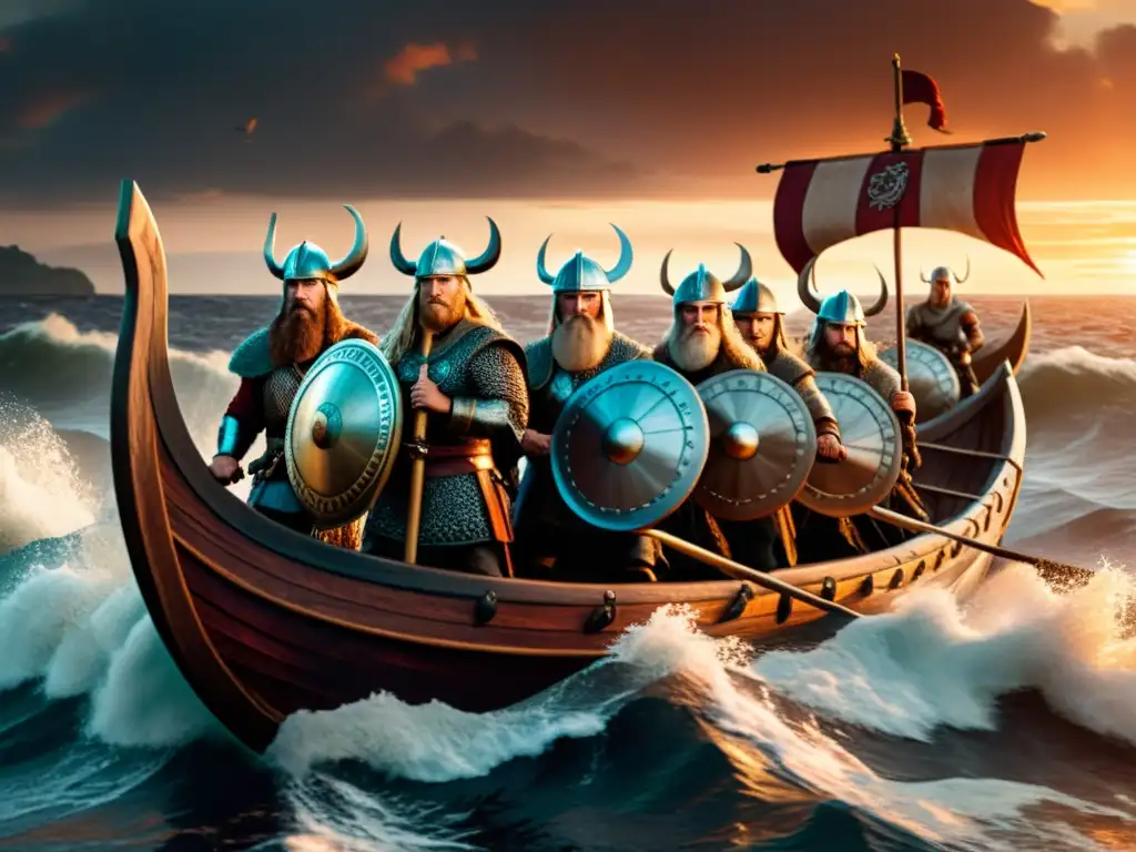 Grupo de guerreros vikingos navegando hacia la costa al atardecer, con diseños detallados en sus escudos y cascos