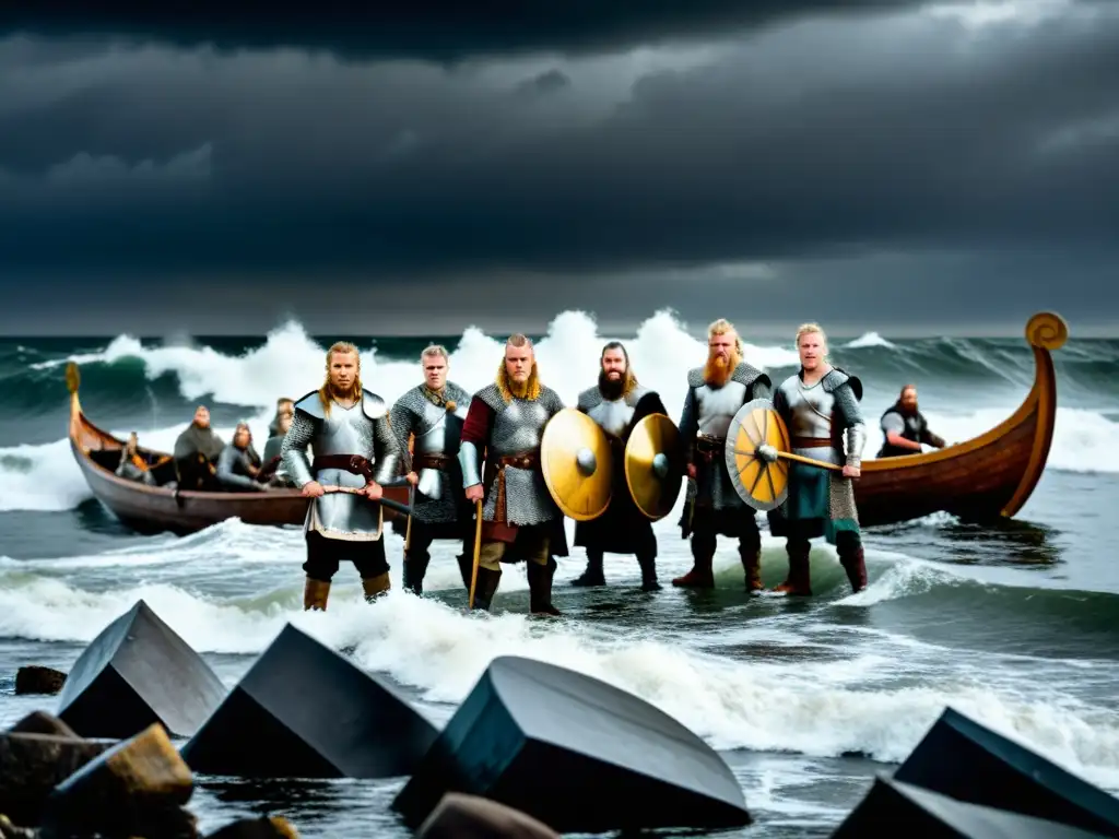 Grupo de guerreros vikingos en la costa, sus barcos al fondo bajo un cielo tormentoso