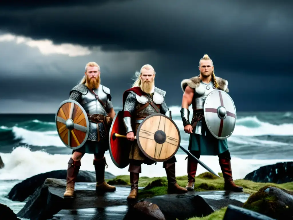 Grupo de guerreros vikingos en la costa, con sus barcos y un cielo tormentoso