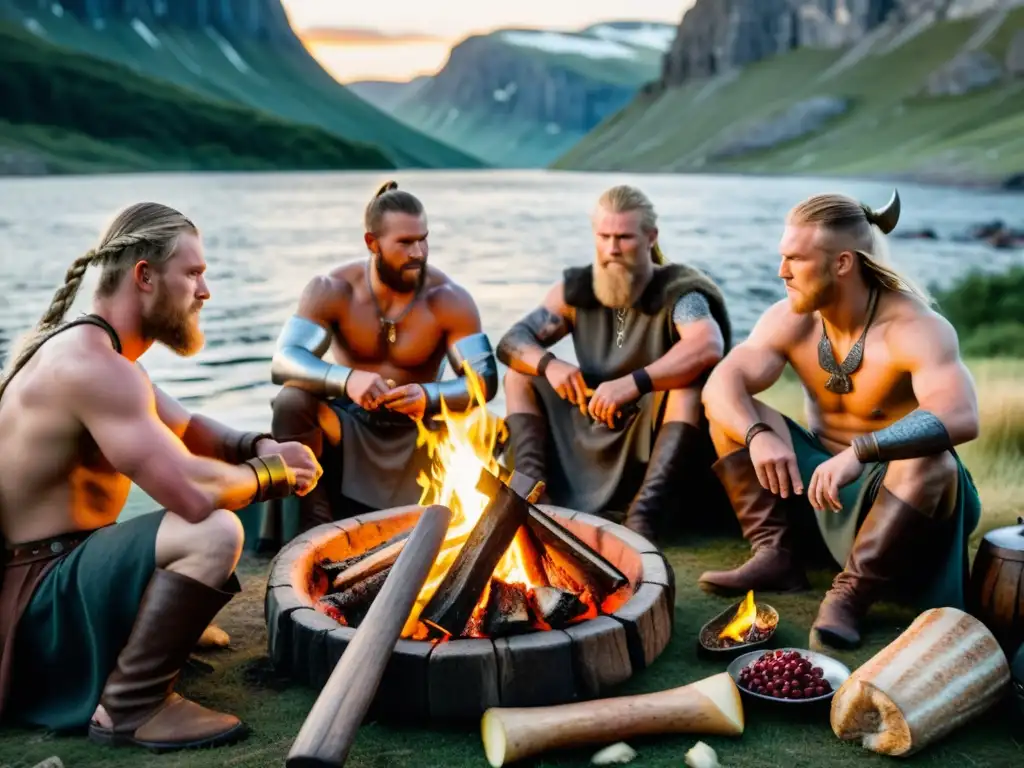 Un grupo de guerreros vikingos se prepara y se alimenta con una dieta tradicional alrededor de una hoguera en un paisaje nórdico