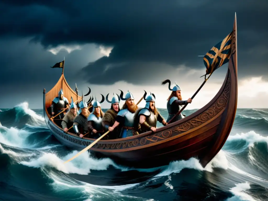 Un grupo de guerreros vikingos en un drakkar enfrentando una tormenta en alta mar