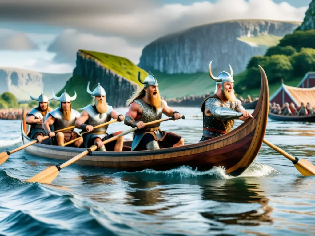 Un grupo de guerreros vikingos remando un drakkar, con armaduras detalladas y una aldea vikinga al fondo