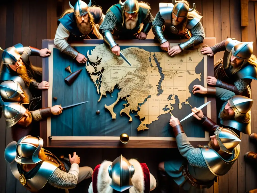 Un grupo de guerreros vikingos planificando estrategias en un juego de mesa vikingo