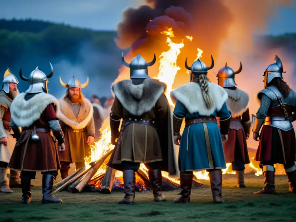 Grupo de guerreros vikingos en festival, danzas alrededor de fogata bajo cielo estrellado, evocando mitología nórdica