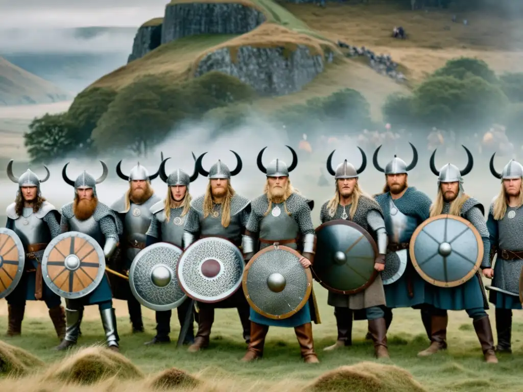 Un grupo de guerreros vikingos en formación defensiva con tácticas defensivas vikingas