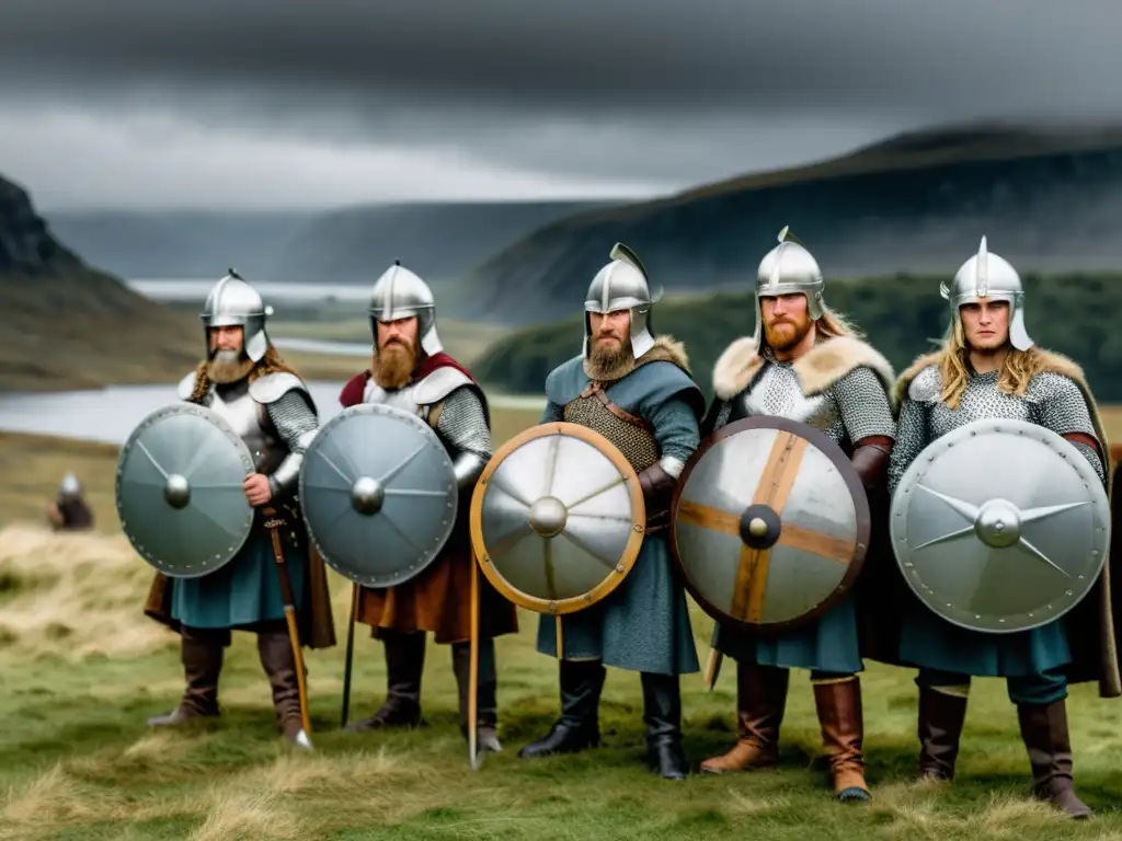 Grupo de guerreros vikingos en formación, listos para la batalla en un evento reenactment del mundo vikingo