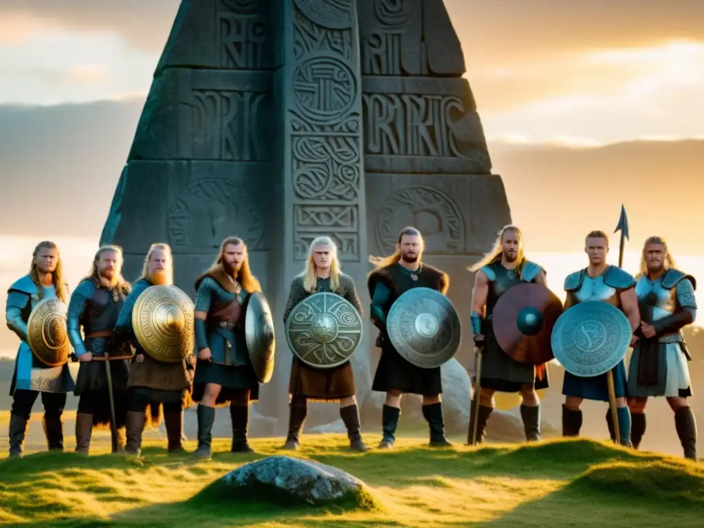 Un grupo de guerreros vikingos frente a un imponente túmulo de piedras rúnicas, con detalles de batallas y barcos