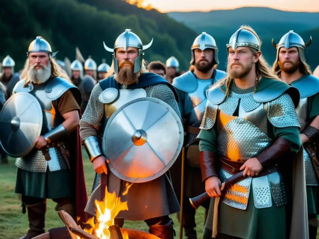 Grupo de guerreros vikingos frente a fogata en bosque al anochecer