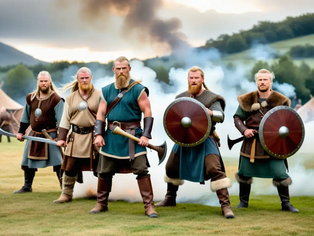 Un grupo de guerreros vikingos con hachas en combate, frente a una casa vikinga humeante