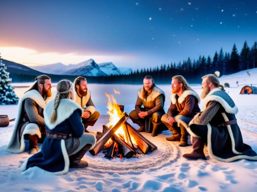 Grupo de guerreros vikingos alrededor de una hoguera en la nieve, celebrando