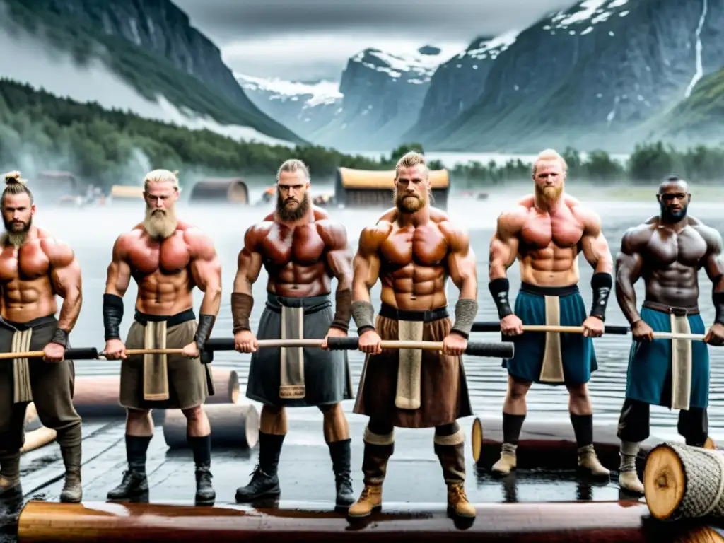 Grupo de guerreros vikingos en intenso entrenamiento físico estilo vikingo en paisaje nórdico