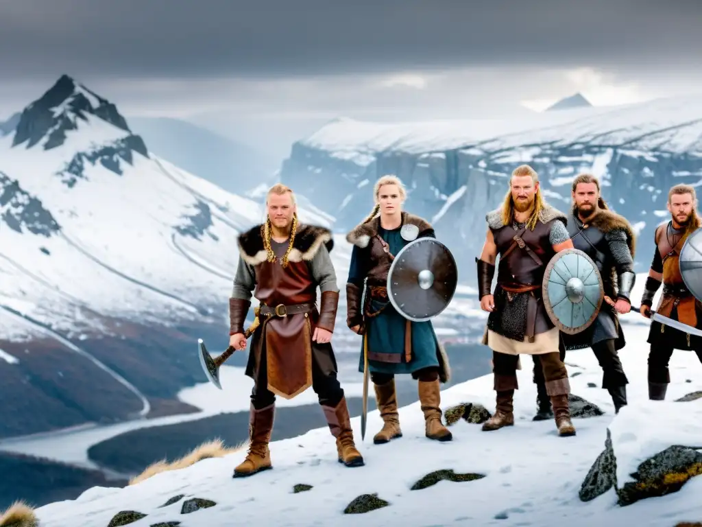 Grupo de guerreros vikingos en intenso entrenamiento físico estilo vikingo en cima nevada