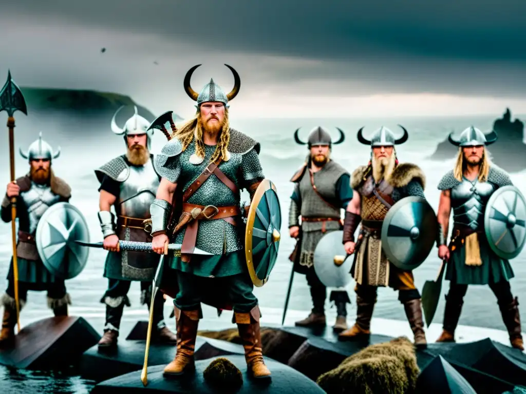 Grupo de guerreros vikingos listos para la batalla en la costa brumosa