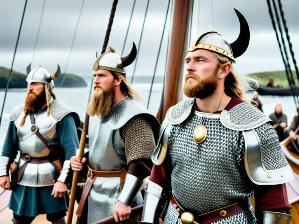 Un grupo de guerreros vikingos listos para zarpar en un drakkar, con armaduras y mantos de piel