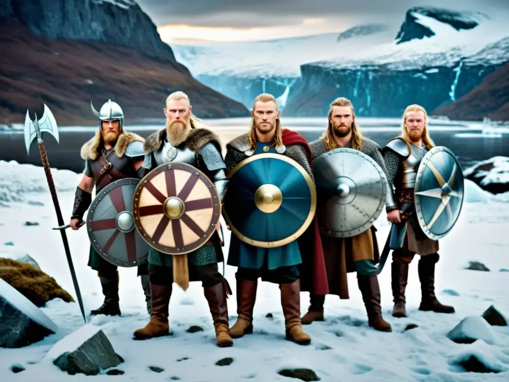 Grupo de guerreros vikingos listos para la batalla en un paisaje nevado