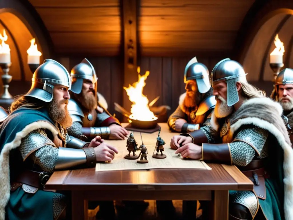 Grupo de guerreros vikingos en mesa táctica de juegos, planificando estrategias para la batalla en penumbra