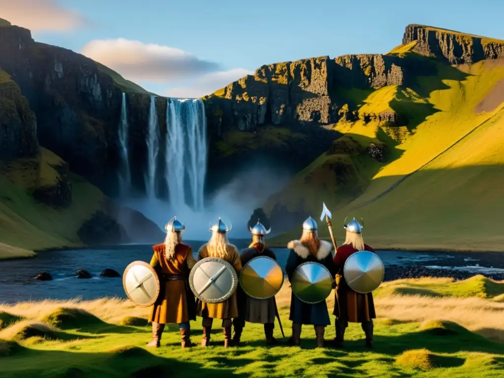 Un grupo de guerreros vikingos modernos en Islandia al atardecer, listos para Rutas vikingas en Islandia hoy