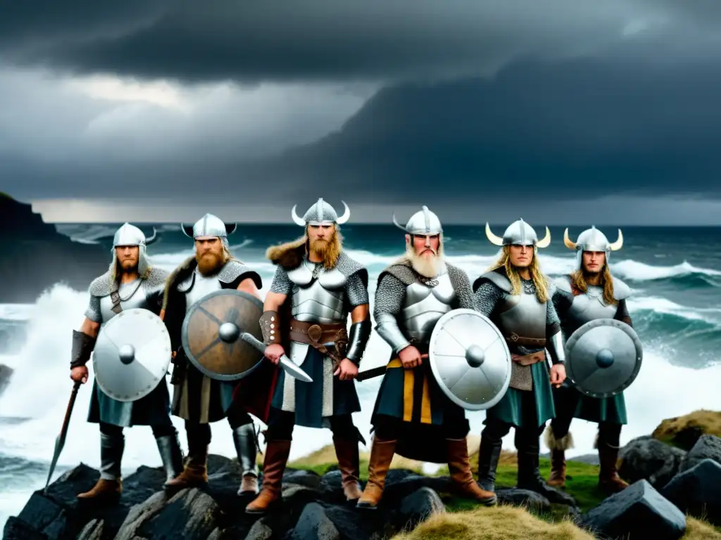 Un grupo de guerreros Vikingos modernos en entrenamiento extremo, en un acantilado con vista al mar tormentoso