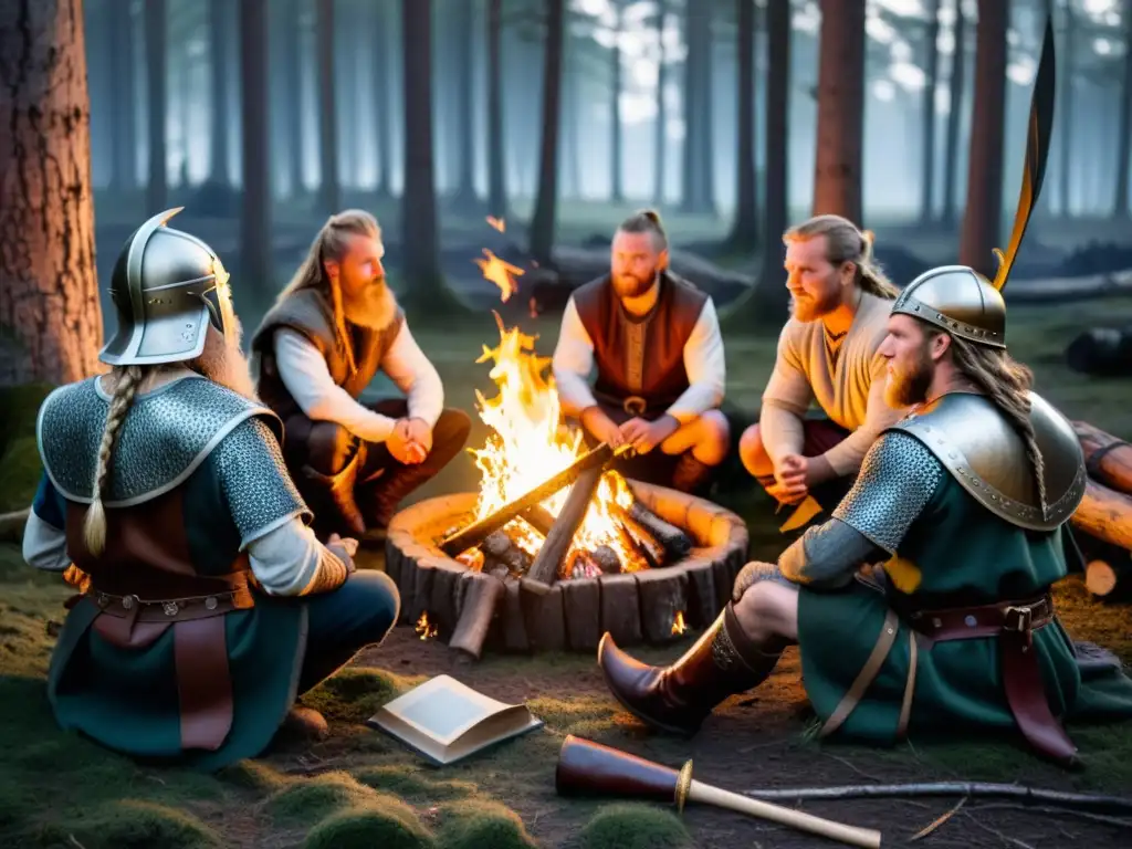 Un grupo de guerreros vikingos escucha atentamente a un narrador de cuentos en un bosque escandinavo