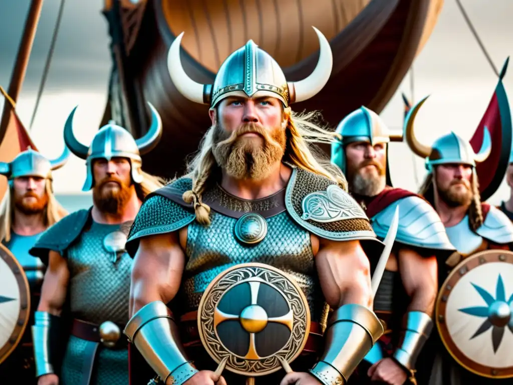 Un grupo de guerreros vikingos orgullosos frente a un drakkar, exhibiendo estandartes y escudos con símbolos y runas vikingas