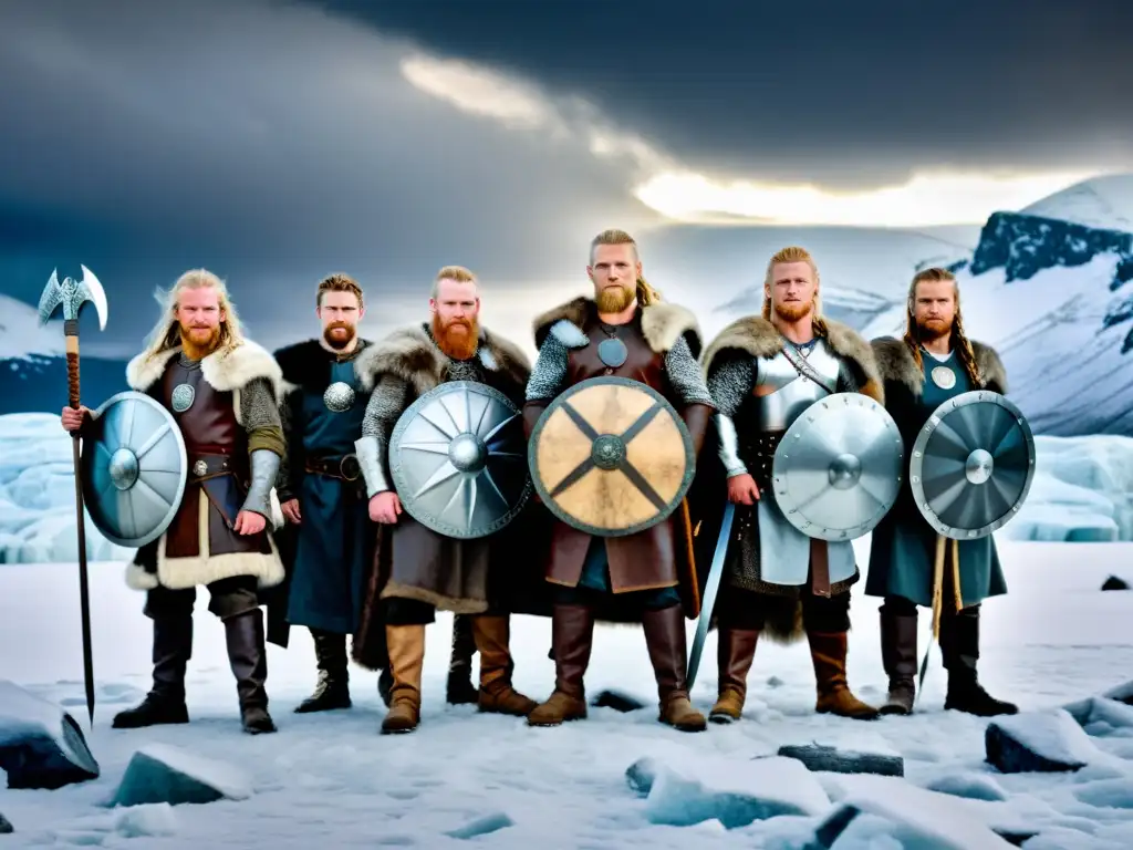 Grupo de guerreros vikingos en paisaje nevado de Escandinavia