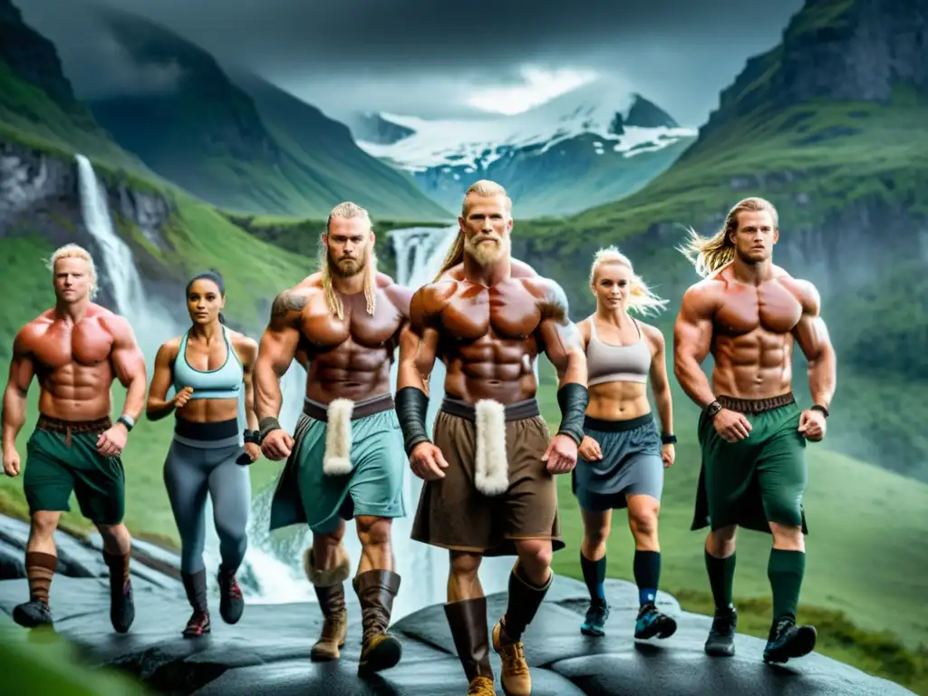 Un grupo de guerreros vikingos se ejercita con determinación en un paisaje nórdico, reflejando la motivación fitness cultura vikinga