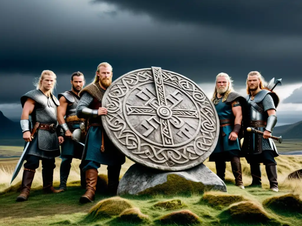 Grupo de guerreros vikingos alrededor de una piedra rúnica iluminada