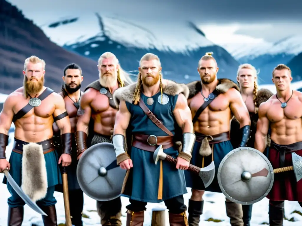 Un grupo de guerreros vikingos poderosos y determinados con hachas de batalla, en la nieve