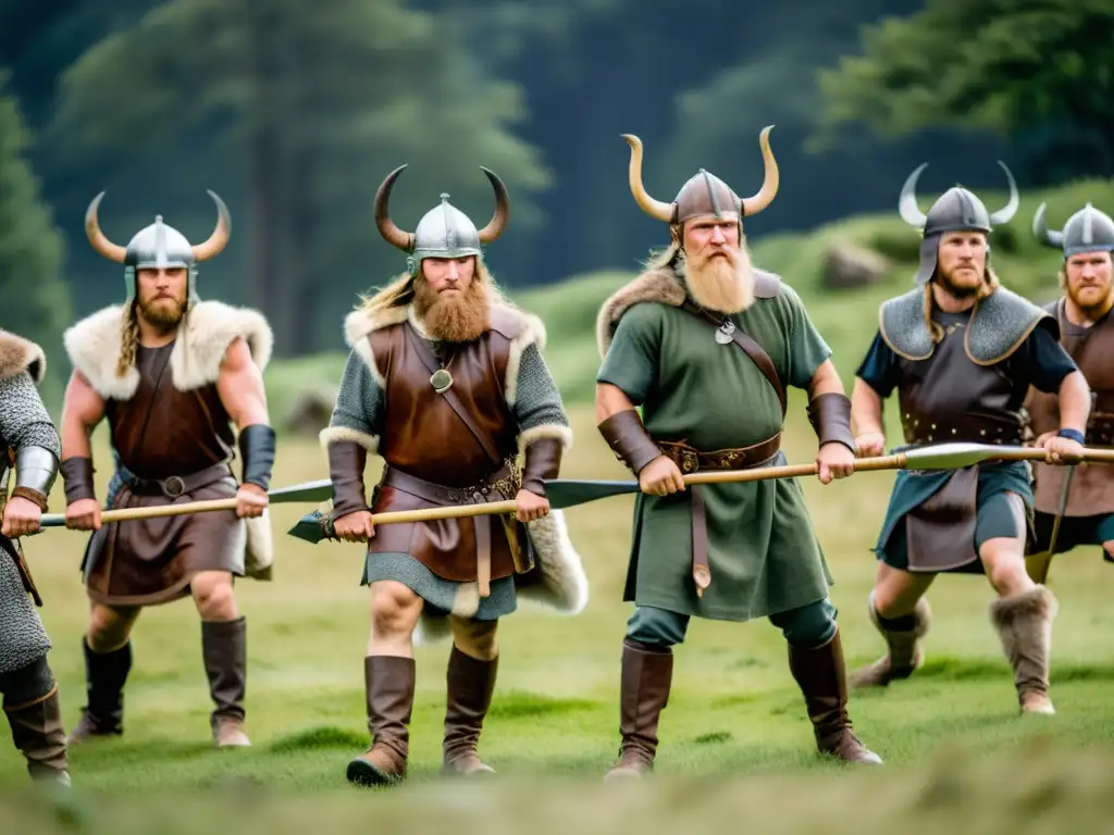 Grupo de guerreros vikingos entrenando en praderas verdes