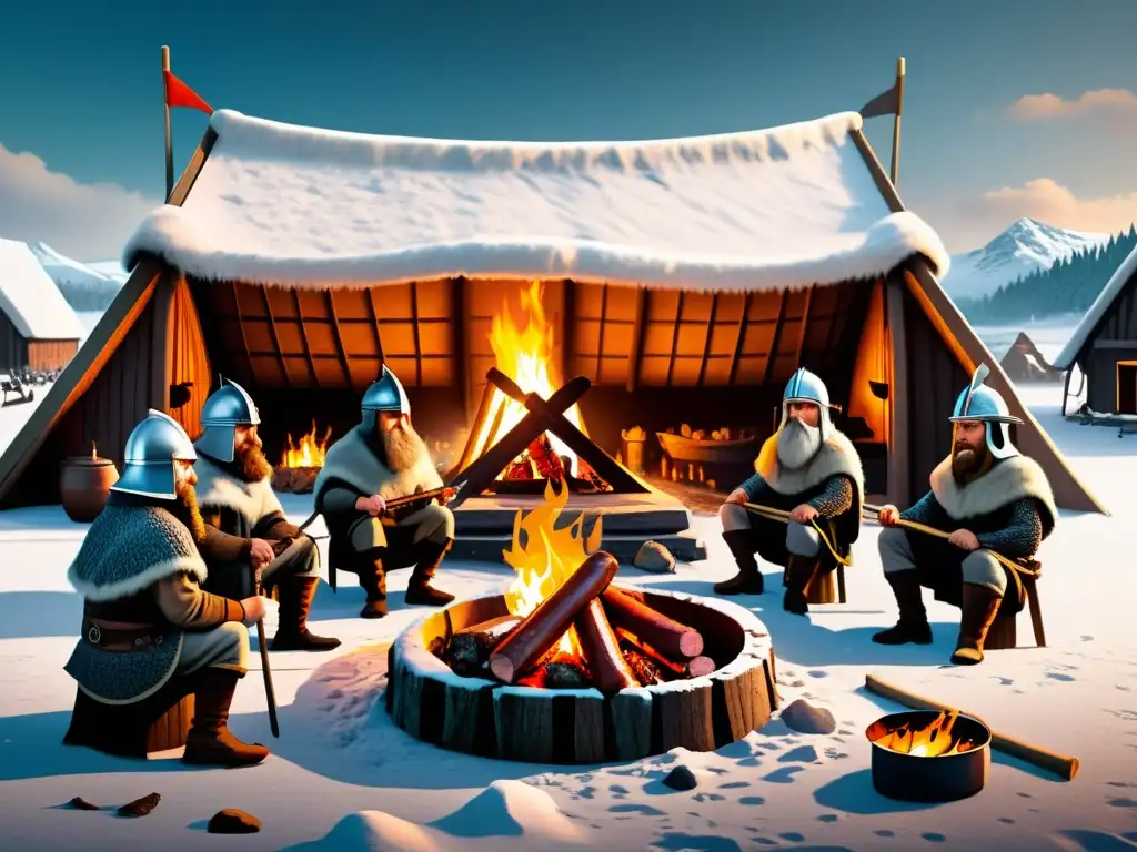 Un grupo de guerreros vikingos disfrutando de recetas de salchichas vikingas nórdicas alrededor de una hoguera en paisaje nevado