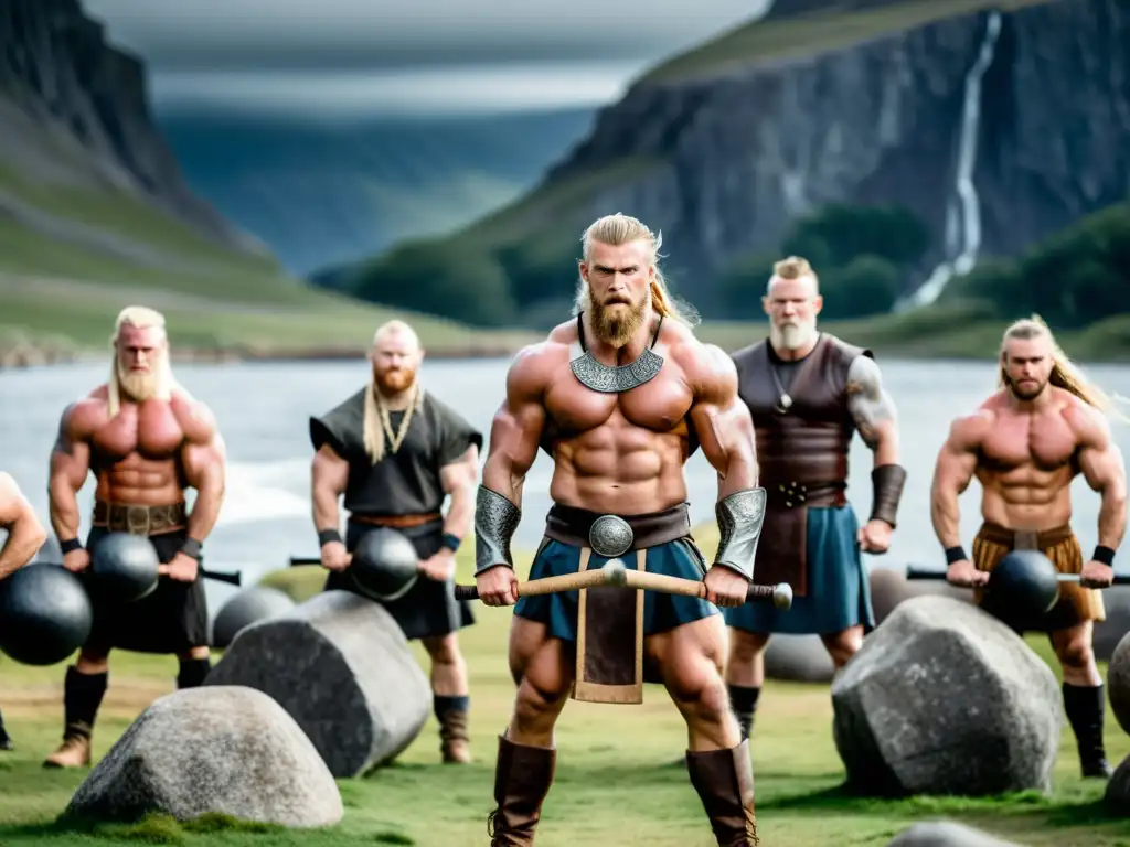 Grupo de guerreros vikingos levantando rocas con símbolos nórdicos en paisaje épico