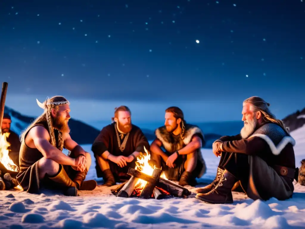 Grupo de guerreros vikingos escuchando sabiduría ancestral alrededor del fuego en la noche nevada