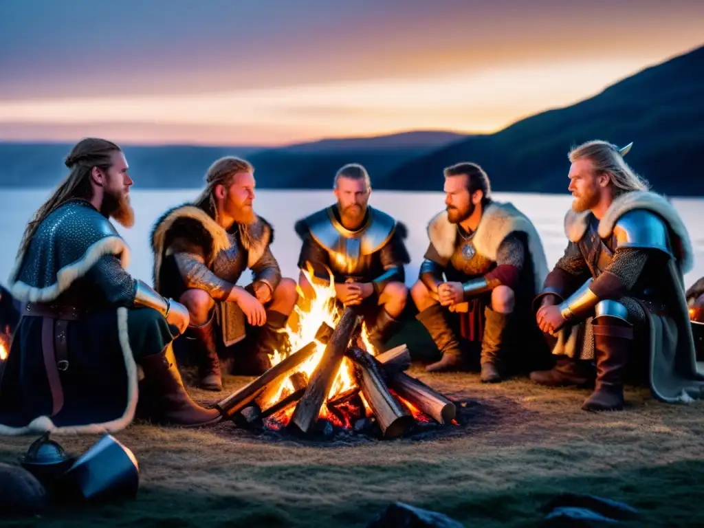 Grupo de guerreros vikingos escuchando una saga épica alrededor de una fogata