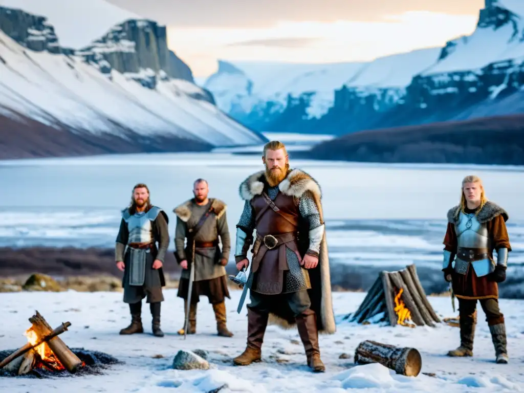 Un grupo de guerreros vikingos supervivientes en un mundo congelado, reunidos alrededor de una fogata en la nieve