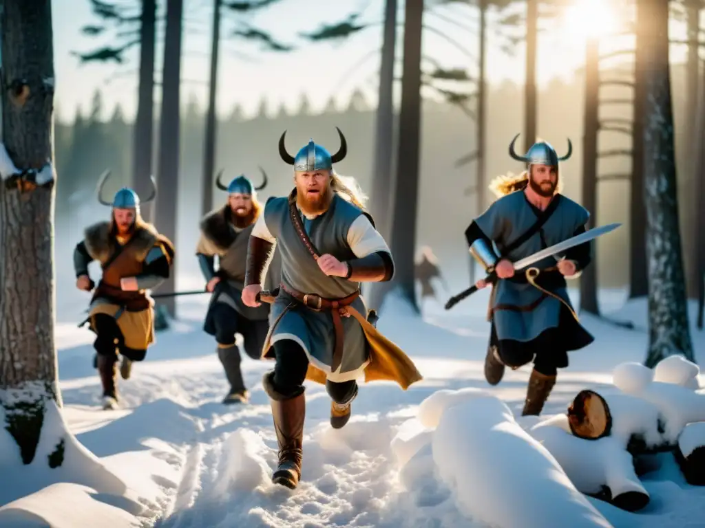 Grupo de guerreros vikingos entrenando técnicas de lucha corporal en un bosque nevado al amanecer