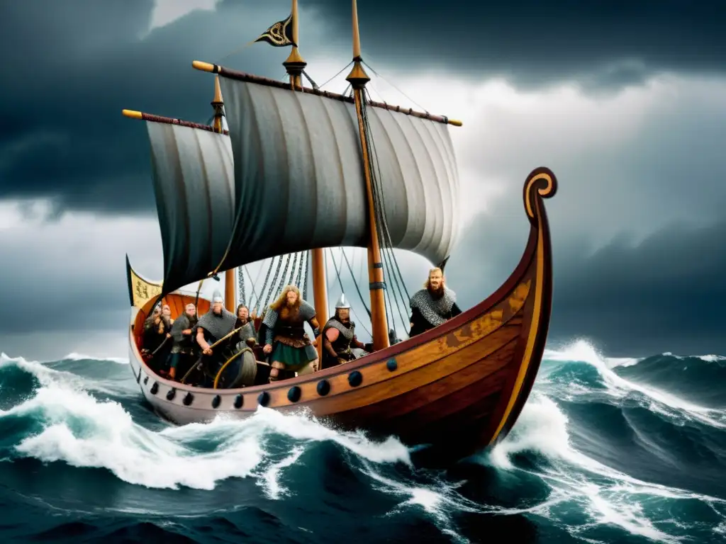 Un grupo de guerreros vikingos enfrenta las tormentas del mar en su Conquista del Atlántico vikinga