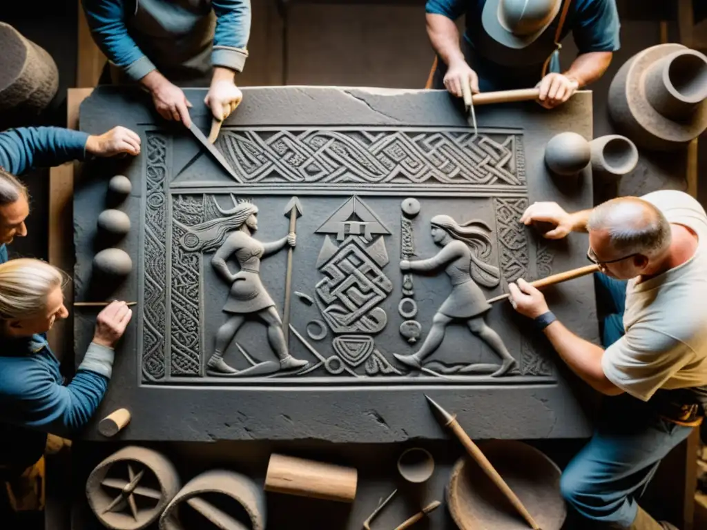 Un grupo de hábiles artesanos tallando runas vikingas en una losa de piedra en un taller iluminado