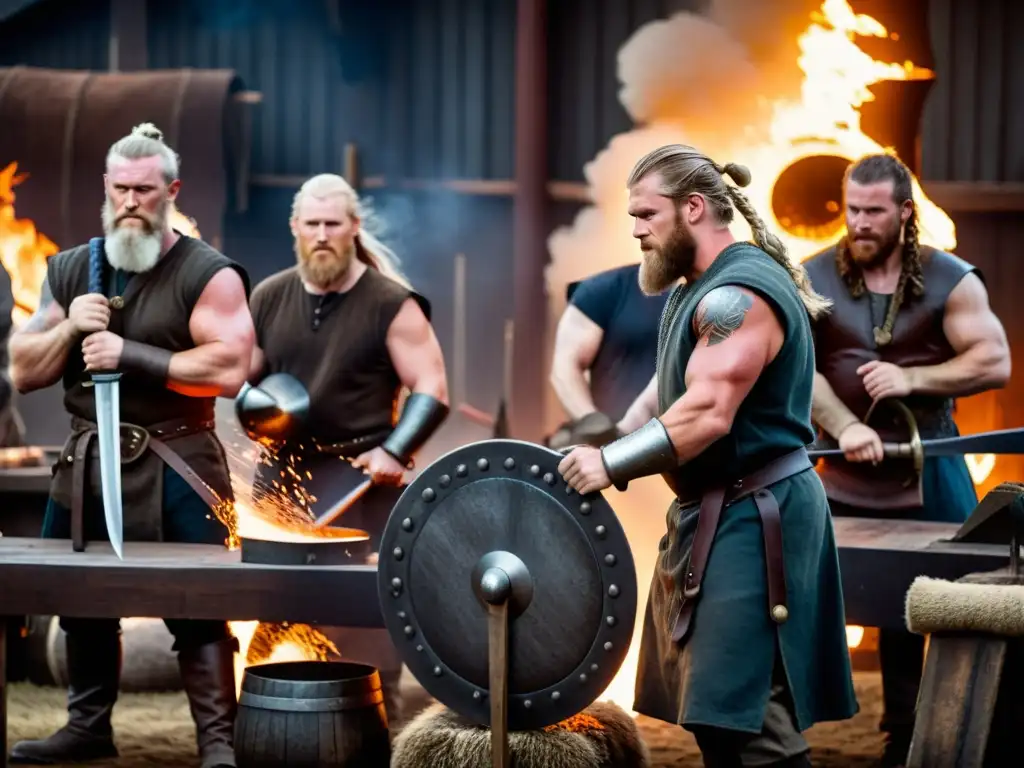 Grupo de herreros vikingos creando armas con destreza entre forjas humeantes