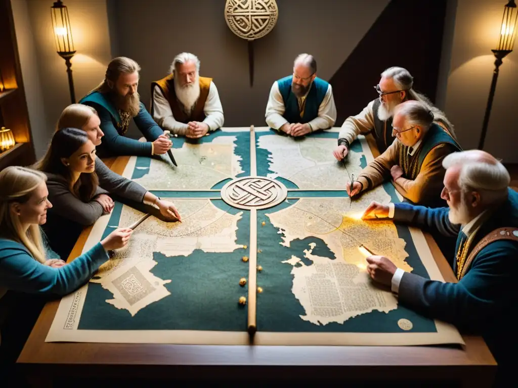 Un grupo de historiadores y arqueólogos interpretan una detallada cartografía rúnica vikinga en una mesa iluminada cálidamente