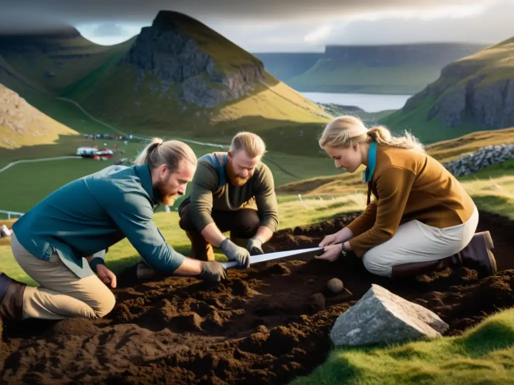 Grupo de historiadores y arqueólogos excavando un sitio funerario vikingo, descubriendo una espada vikinga de dos manos