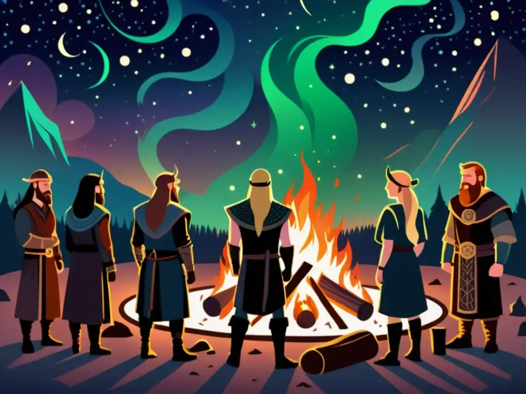 Ritual vikingo bajo auroras boreales Un grupo de hombres y mujeres vikingos se reúnen alrededor de una fogata en la noche, en un ritual místico liderado por una figura femenina poderosa