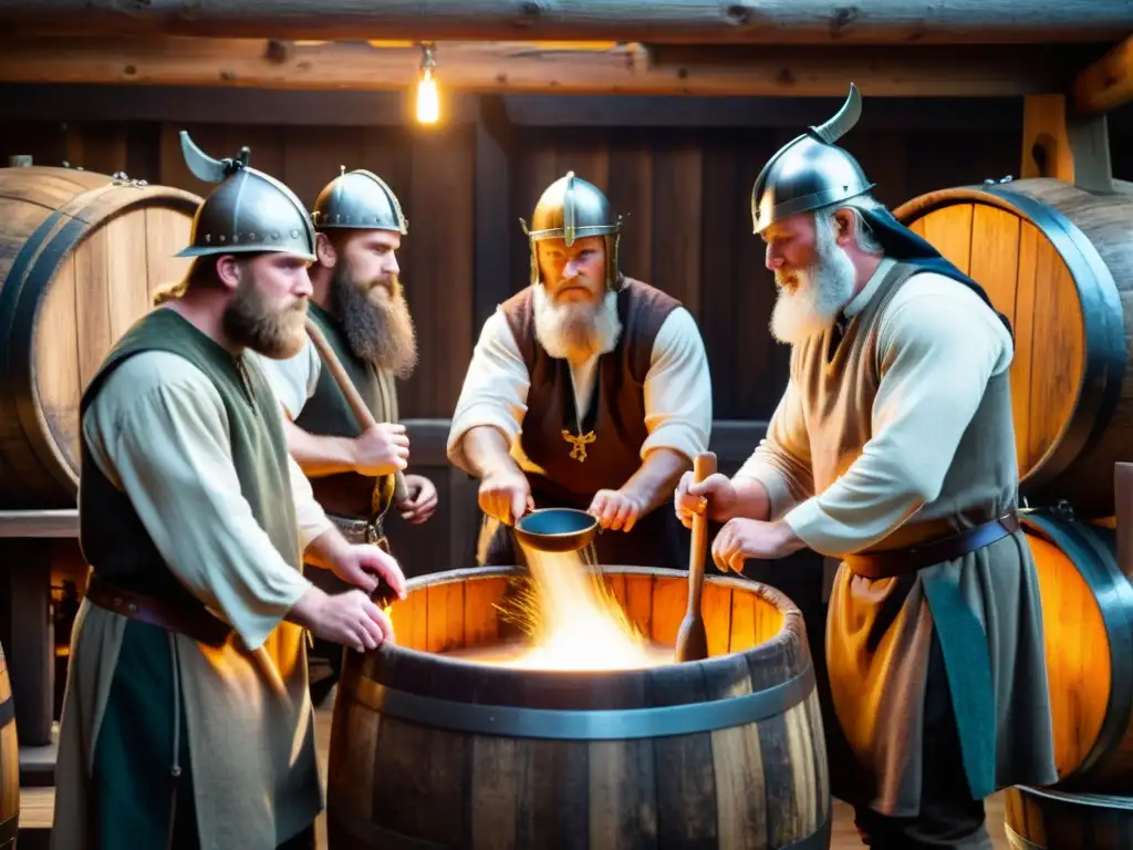 Un grupo de hombres vikingos barbudos elabora cerveza estilo vikingo en una cervecería rústica y oscura